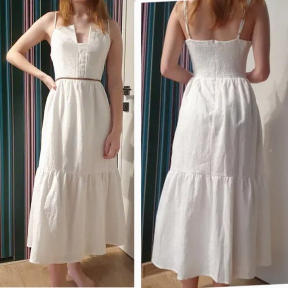 Lulus Smocked & Tiered Sleeveless Midi Dress w/Notched Bodice and Pockets White - Picture 1 of 6